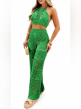 Emerald Green Crochet Wide-Leg Pants 💚 SASSY SUMMER STATEMENT SET 💚 SIZE SMALL